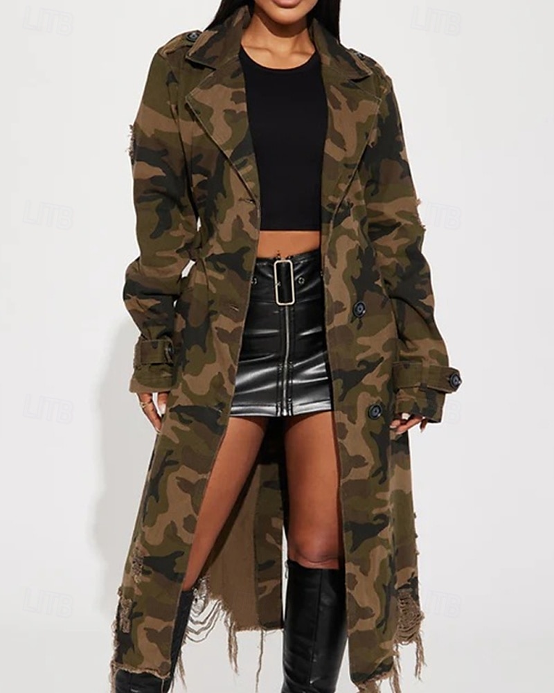 Damen Trenchcoat Bequem Knöpfe Tasche Modern Streetstyle Tarnung Outdoor Ausgehen Einreihig Lang Umlegekragen Normale Passform Langarm Oberbekleidung Hellgrün Dunkelgrün Herbst Winter 2025 - $46.99 –P1