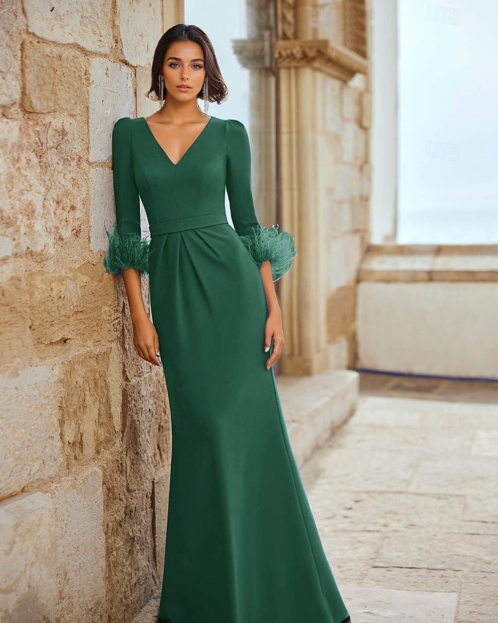 Abito da sera blu a trapezio, elegante, formale, da ospite di nozze, lungo fino al pavimento, manica lunga, scollo a V, staccabile, in crêpe elasticizzata con piume, 2025 del 2025 a $147.99 –P5
