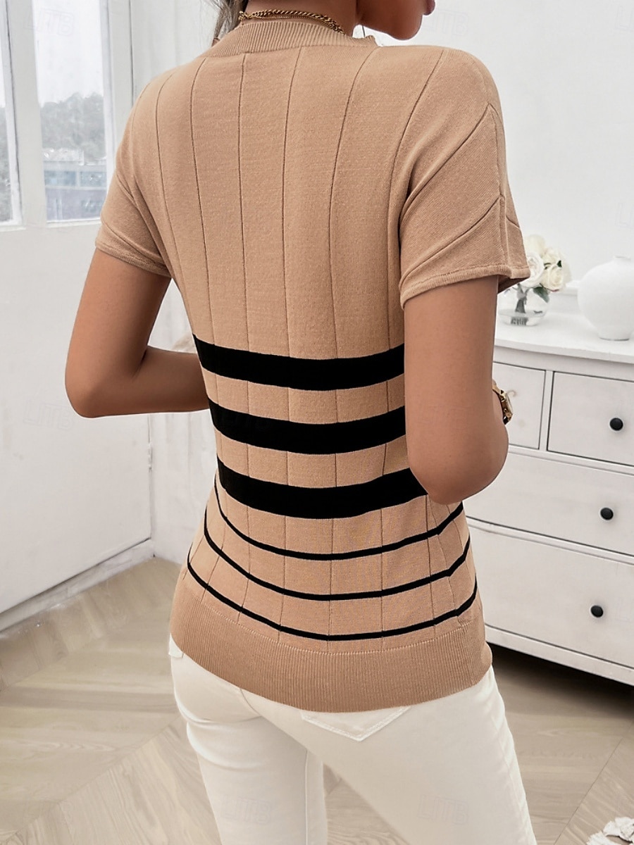 Dame Bluse Stripet Stilfull Fritid Kortermet Crew-hals Vanlige topper Daglig Lapper Svart Hvit Brun Kakifarget Sommer 2025 - $28.99 –P16
