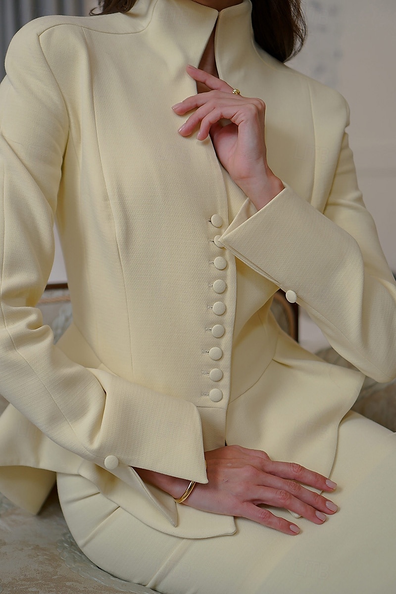 Abito da madre della sposa a sirena/tromba in due pezzi, abito peplo, elegante, semplice e minimalista, scollo a V, collo alto, lunghezza tè, tessuto elasticizzato in crêpe, maniche lunghe con bottoni del 2025 a $139.99 –P4