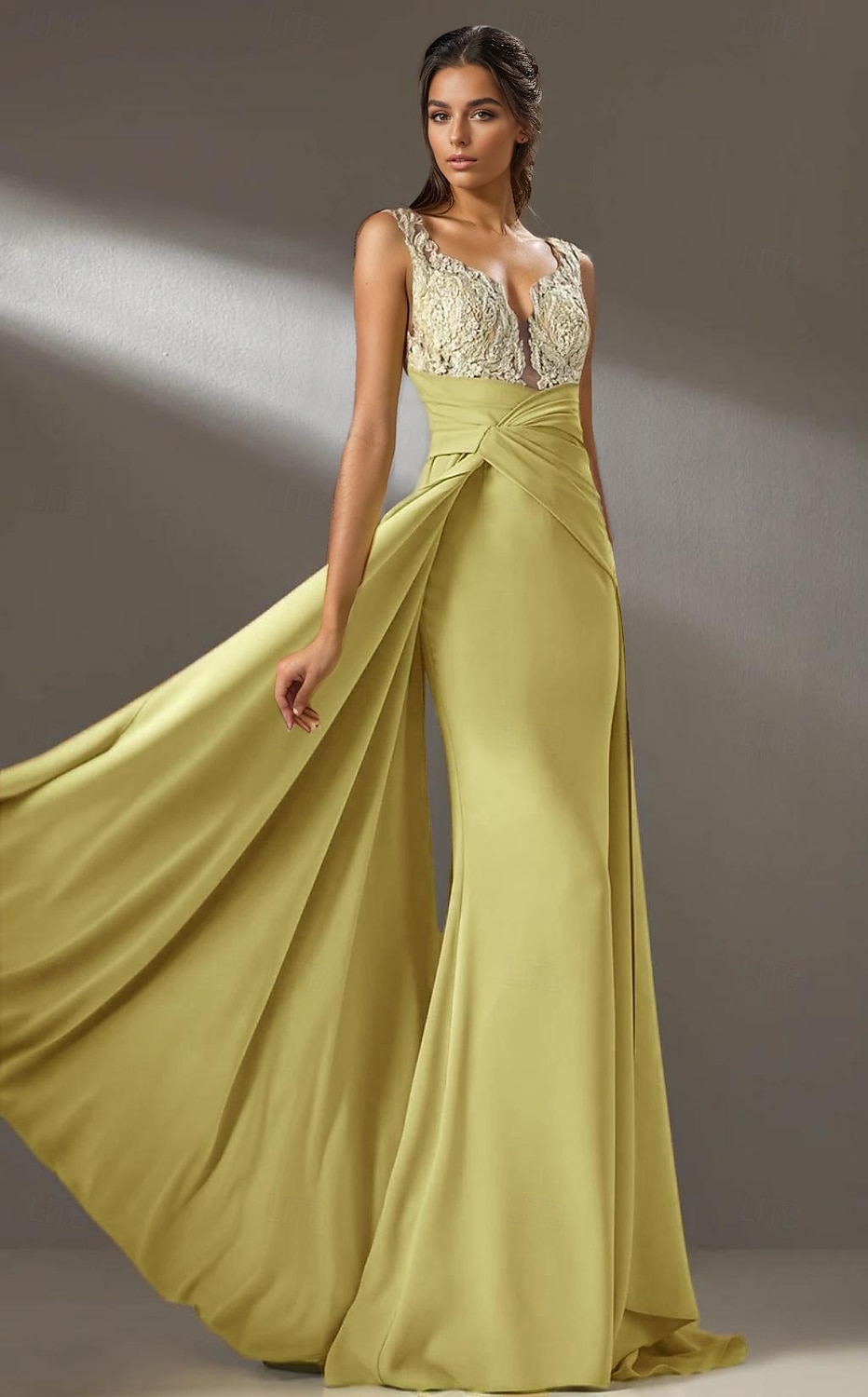 gelbes Kleid Meerjungfrau / Trompete Abendkleid elegantes Kleid formelle Hochzeit Sweep / Pinsel Schleppe lange Ärmel V-Ausschnitt Chiffon gerüschte Details mit Perlen Stickerei Applikation 2025 2025 - $169.99 –P2
