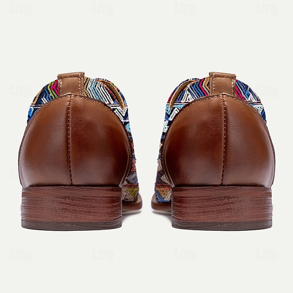Men’s Tribal Geometric Jacquard Fabric Derby Shoes with Brown Faux Leather Details, Ethnic Style Lace-Ups for Cultural Events, Banquets and Fashion Shoots 2025 - $46.99 –P7