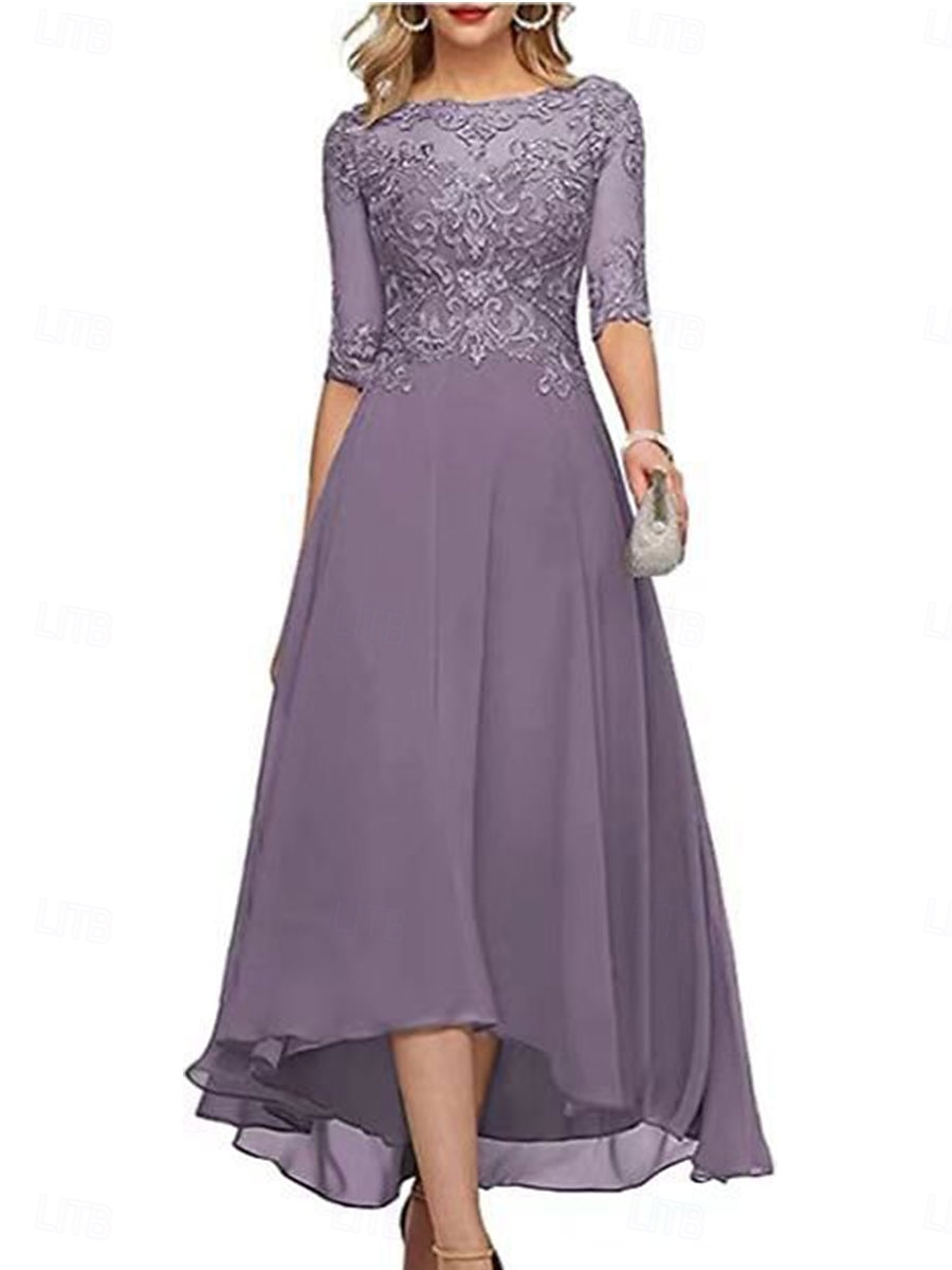 A-Line Mother of the Bride Dress Elegant Crew Neck Floor Length Chiffon Half Sleeve with Solid Color 2025 2025 - $119.99 –P19