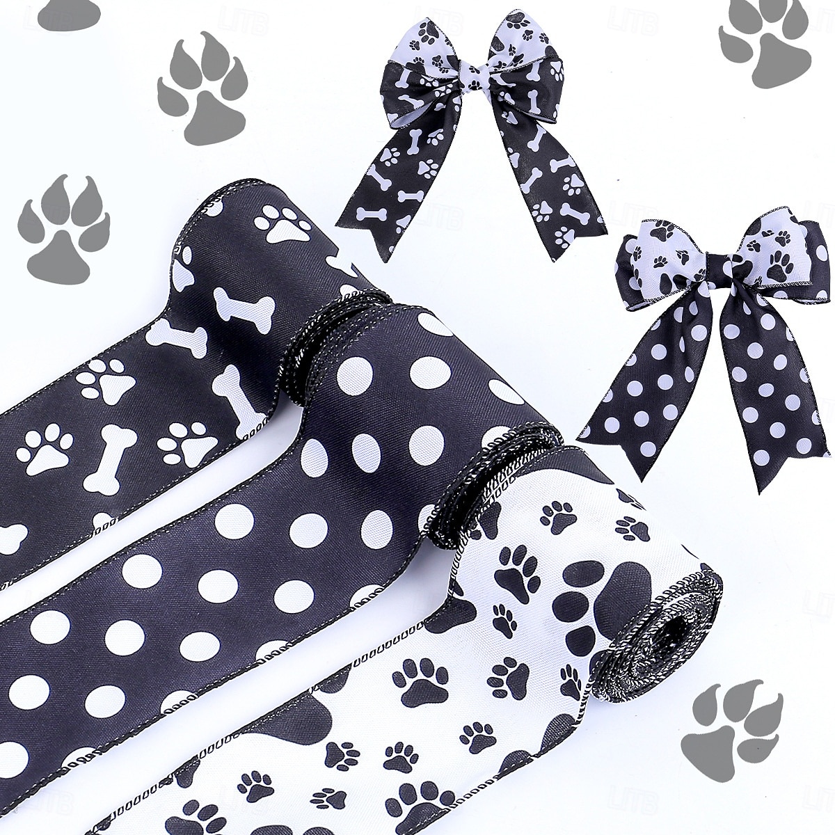2025年 犬の足跡プリントリボン 1ロール 黄麻布ワイヤーリボン 工芸品、パーティー、結婚式、ギフト、DIYデコレーション、ラッピング、リボン作り、リース装飾用  コレクション – $7.99 –P1