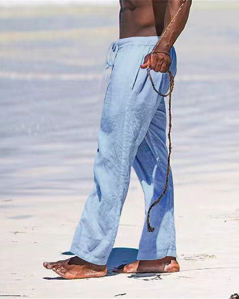 Herr Linne Byxor Långbyxor Sommarbyxor Strandbyxor Ficka Snörning Elastisk midja Slät Komfort Andningsfunktion Semester Dagligen Helgdag Hawaiisk Boho Svart Vit 2025 - $18.99 –P20