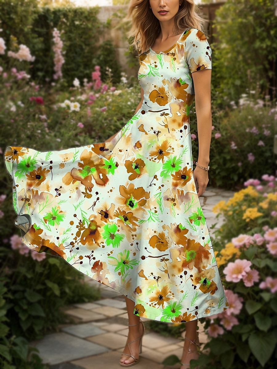 Women's Maxi Dress Casual Dress A Line Dress Summer Dress Elegant Vacation Casual Regular Fit Floral Graphic Short Sleeve Square Neck Yellow Red Blue Purple Summer Fall 2025 - $30.99 –P7