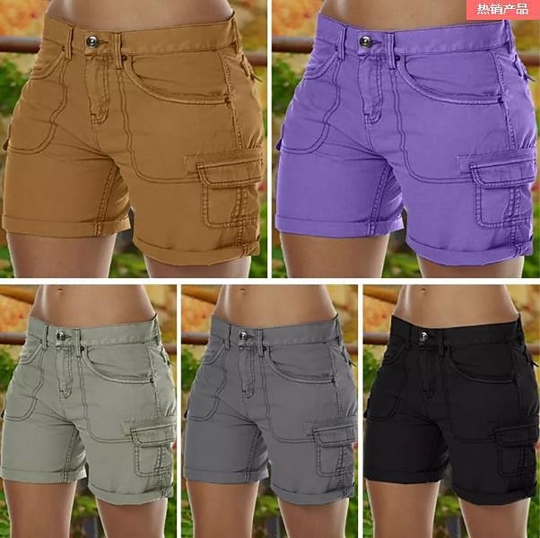 Dame kinesisk Shorts Grunnleggende Fritid Kort Middels midje عادي Lomme Komfort Utendørs Mikroelastisk Feriereise Gate Daglig Svart Lilla Grønn Kakifarget Sommer Normal 2025 - $31.99 –P1