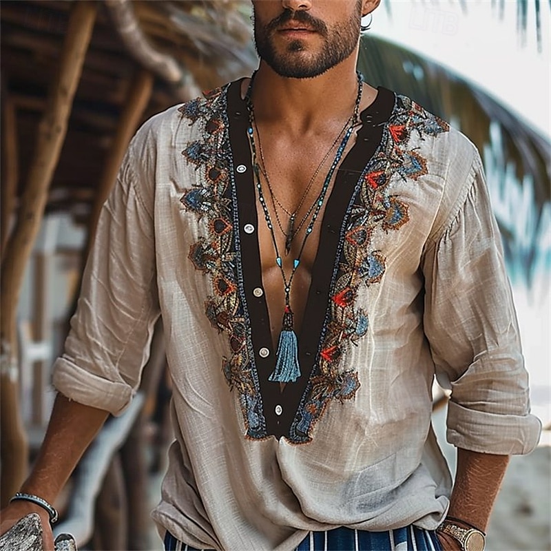 Herren Hemd Sommerhemd Freizeithemd Strandhemd Kaki Langarm Stickerei Böhmische Tiefer V-Ausschnitt Urlaub Hawaiianisch Ethnisch & Religiös Bekleidung Polyester Mode Lässig Bequem 2025 - $26.99 –P1