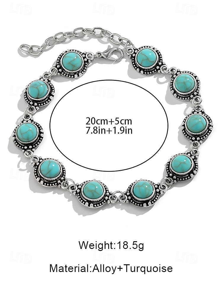 Women's Vintage Boho Turquoise Stone Anklet – Adjustable Silver Chain Bracelet with Oval Gem Charms for Summer Beach, Festival and Casual Wear 2026 - $7.99 –P4