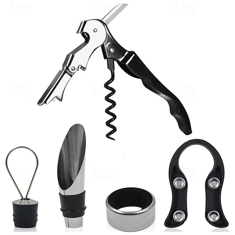 Wine Opener Set Waiters Corkscrew Stainless Foil Cutter Leak Proof Bottle Stoppers Pourer Anti Overflow Collar Drip Ring Included Manual Cap Opening Tool for Cork Manual Wine Bottle Opener Cork 2025 - $8.49 –P4