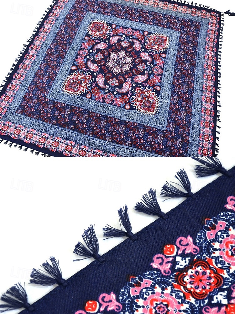 Boho firkantet skjerf med dusker til dame – lett sjal i blandet bomull med etnisk trykk for uformelle antrekk, reiser og festivaler 2025 - $14.99 –P9