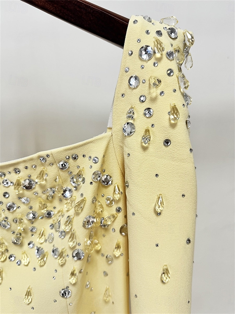 Mermaid / Trumpet High Fashion Yellow Dress Elegant Dress Formal Wedding Floor Length Semi Formal Long Sleeve Square Neck Crepe Center Back Slit with Crystal 2025 - $149.99 –P2