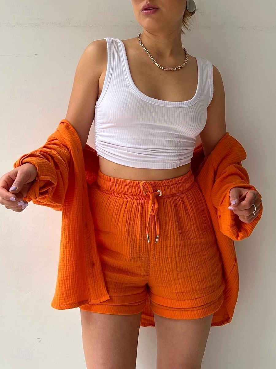 Dames Elegant Modieus Streetwear Katoenen linnen sets Lange mouw Overhemdkraag Effen Kleur Buiten Werk Casual Zwart Paars Oranje Zomer Ruim Passend 2025 - $26.99 –P7