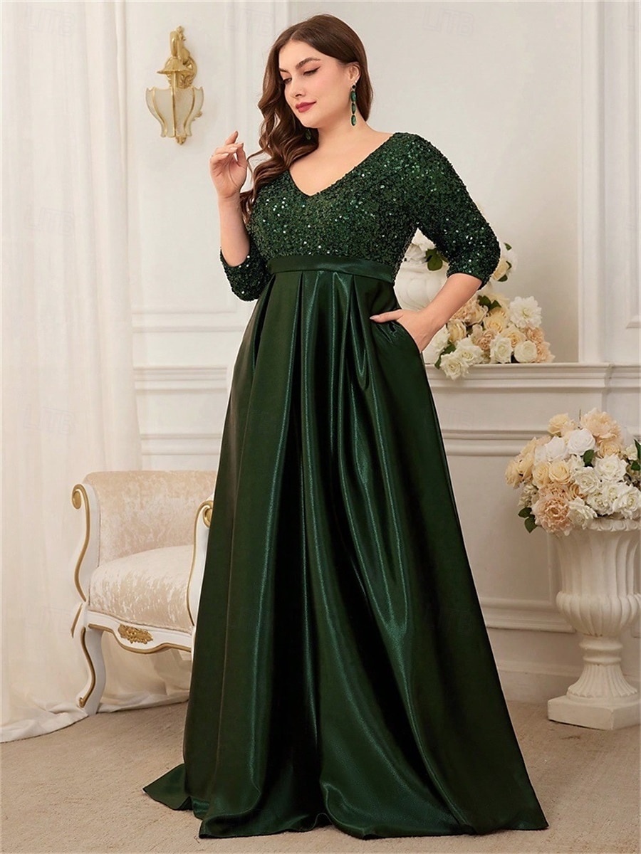 A-Linie Plus-Size Kleider Elegantes Kurvenkleid Formelle Hochzeit Bodenlänge 3/4 Länge Ärmel V-Ausschnitt Satin mit Pailletten 2025 - $119.99 –P5