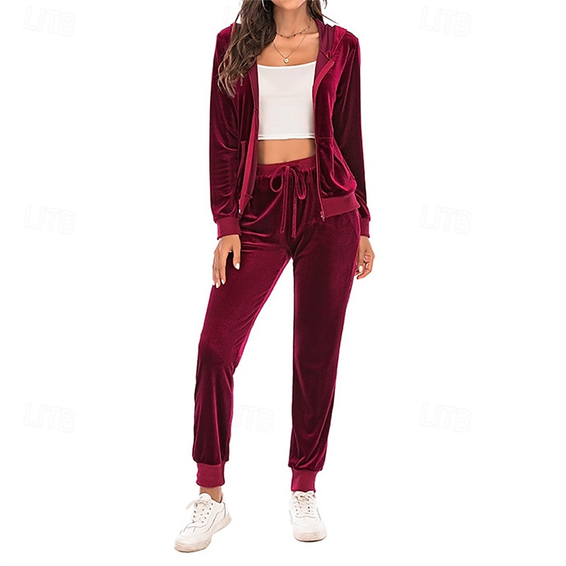 Women's Tracksuit Sweatpants Hooded Jacket Zipper Pocket Solid Colored Clothing Suit Fall Black Burgundy Velour Gym Workout Sports Windproof Long Sleeve Sport Activewear Micro-elastic Regular Fit 2025 - $42.99 –P5