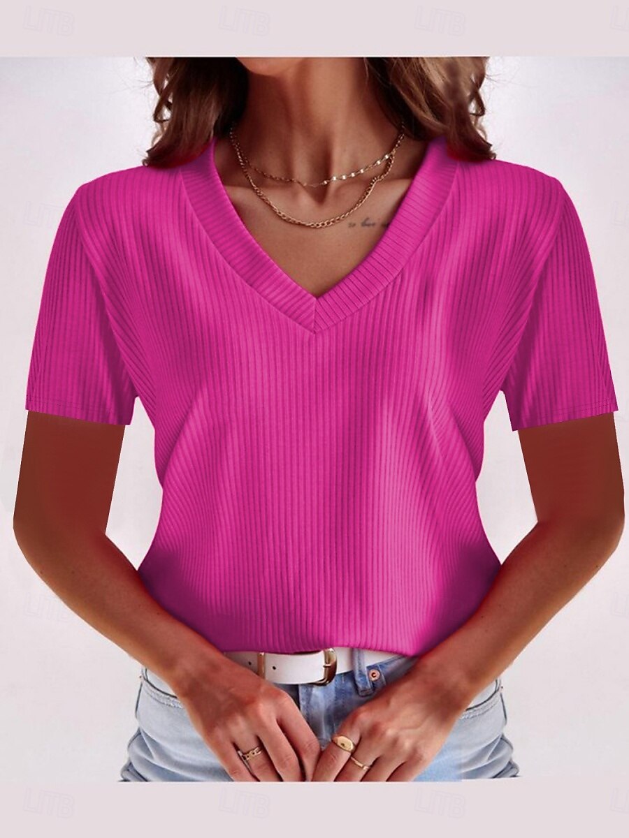Femmes T-shirt Couleur Unie Mode Élégant Classique Manche Courte Col en V Hauts Réguliers Quotidien Week-end Noir Vin Rouge Bleu Fuchsia Été de 2025 ? $18.99 –P11