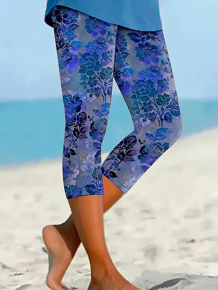 Women's Capri Pants Leggings Vacation Vintage Ethnic Style Calf-Length High Waist Floral Graphic Leaf Soft Comfortable Breathable Stretchy Casual Daily Vacation Maroon Azure Orange red Summer Spring 2026 - $20.99 –P5