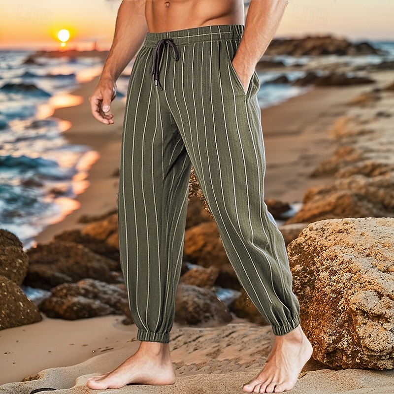 Bărbați Pantaloni de in Pantaloni Pantaloni de vară Pantaloni de plajă Buzunar Cordon Talie elastică Dungi Confort Respirabil Vacanță Zilnic Concediu Hawaiană Boho Negru Alb 2026 - $29.99 –P9