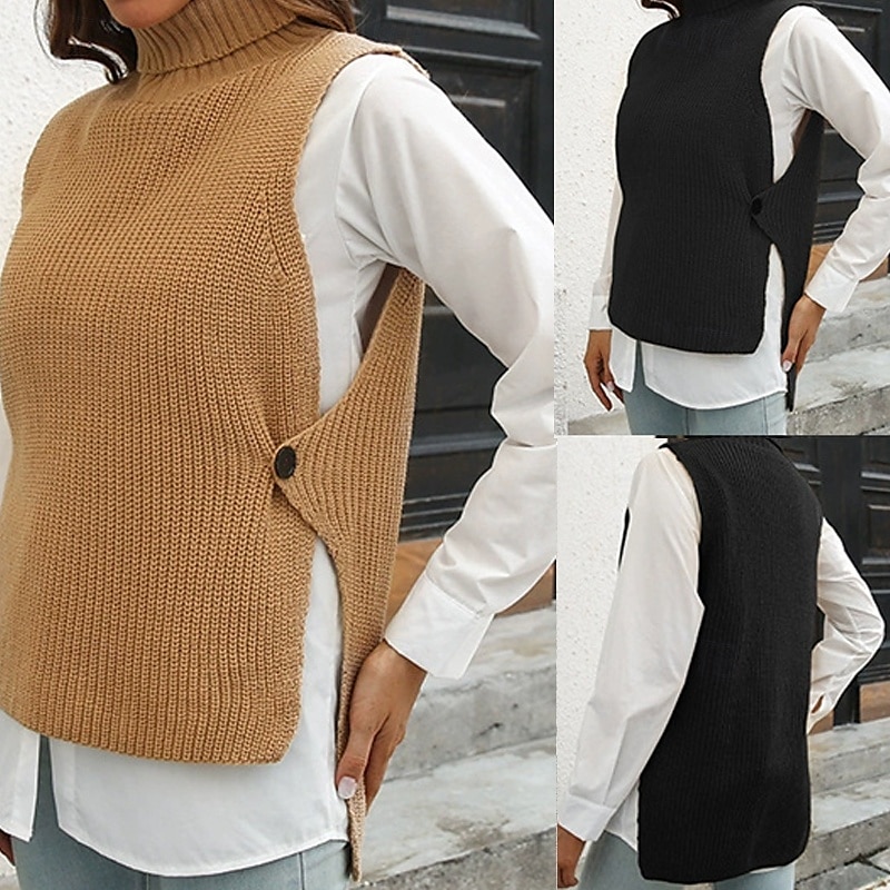 Femmes Pull Gilet Pull Occasionnel Couleur Unie Épais Col roulé Tricoté Sans manches Hauts Réguliers Tricoter Quotidien Fête Sortir Noir Marron Automne Hiver de 2025 ? $18.99 –P1