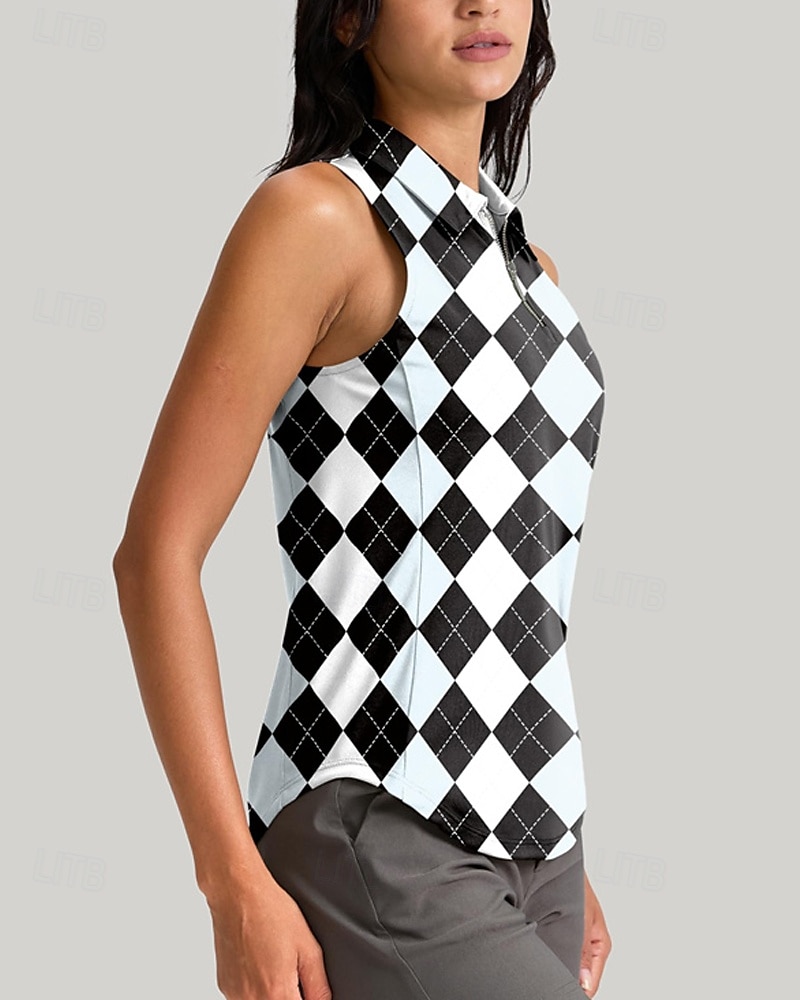Women's Plaid / Check Sport Shirt Golf Polo Shirt Tennis Shirt Sleeveless Zipper High Elasticity Moisture Wicking Breathable Tennis Golf Pickleball Turndown Zip Collar Shirt Top Black Tennis Clothing 2025 - $16.79 –P2