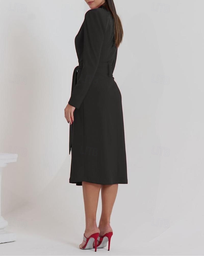 Robe trapèze pour mère de la mariée, robe smoking, élégante, portefeuille, simple, minimaliste, col en V, revers châle, longueur midi, longueur thé, crêpe, tissu extensible, manches longues, couleur de 2025 ? $120.99 –P3