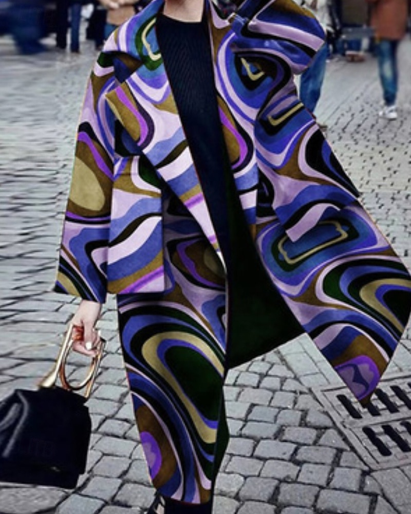 Dame Trenchcoat Bekvem Lomme Trykt mønster Mote Moderne Blomstret utendørs Feriereise Åpen Forside Lang Aftæpning Normal Langermet Yttertøy Rød Lilla Grønn Høst Vinter 2025 - $28.99 –P2