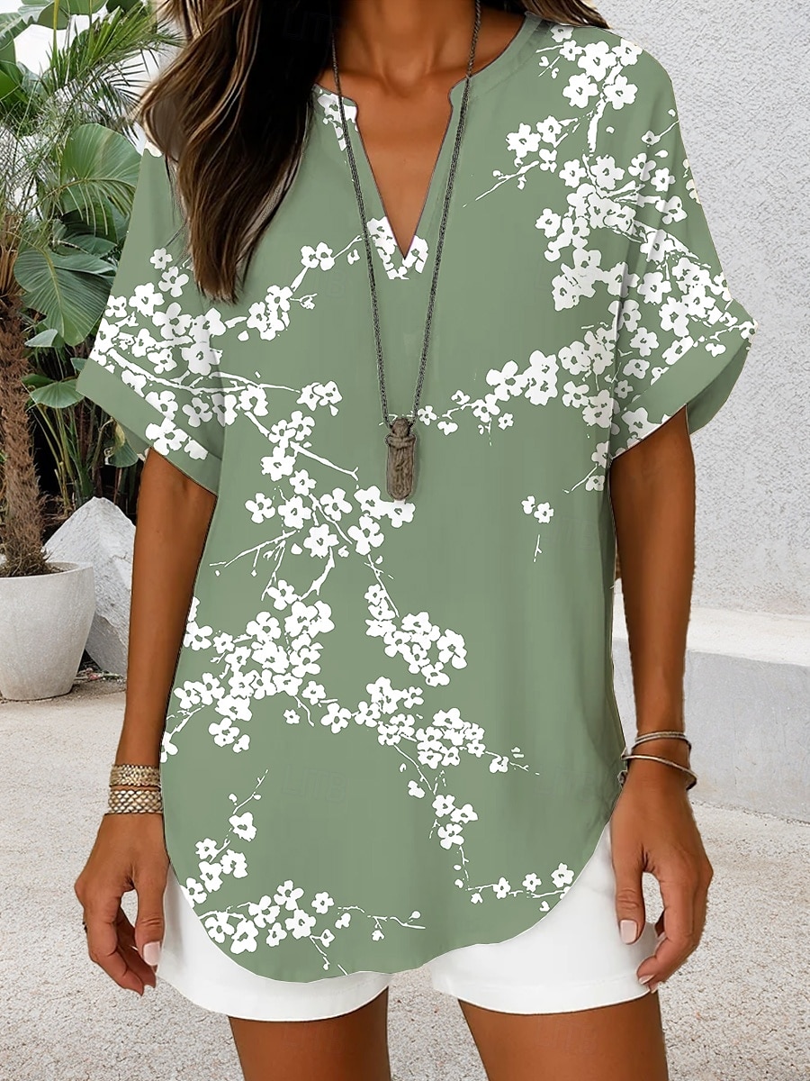 Femmes Chemise Bohème Fleuri Graphique Élégant Quotidien Occasionnel Manche Courte Col en V Hauts Réguliers Quotidien Fête Vert cendré Violet Vert Été Printemps de 2025 ? $24.99 –P3