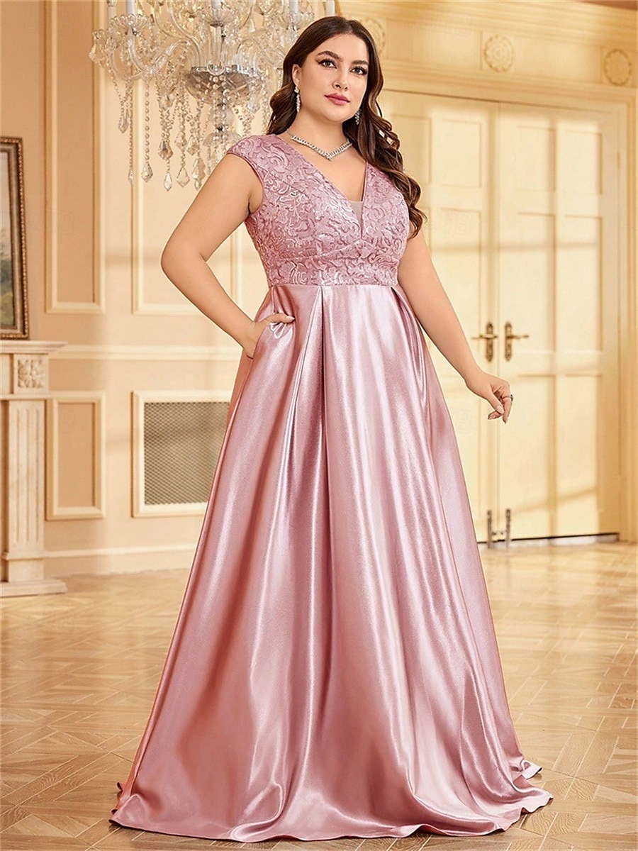 Robe A-Line Grande Taille Élégante Robe Courbe De Mariage Formelle Longue Au Sol Manches Courtes Col en V Satin Dos Nu Avec Plis 2025 de 2025 ? $119.99 –P15