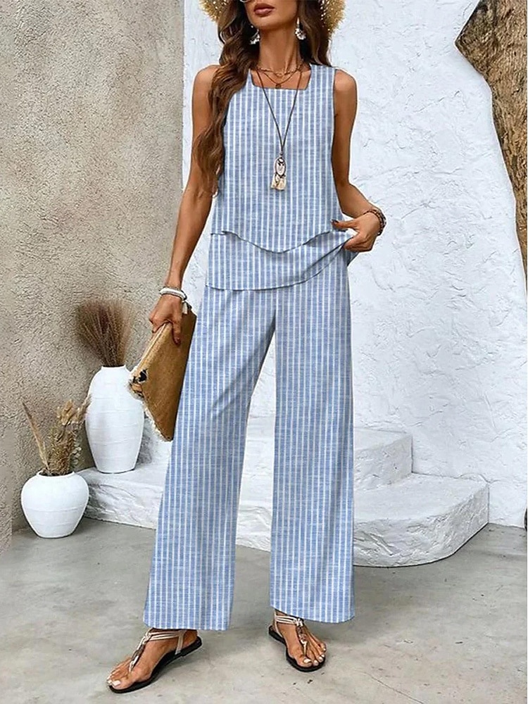 Damskie Moda Moda miejska Codzienny Zestawy spodni Bez rękawów Kwadratowy dekolt Jednokolorowe Kwiaty Nadruk Urlop Codzienny Czerwony Niebieski Brązowy Lato Regularny 2025 - $39.99 –P1