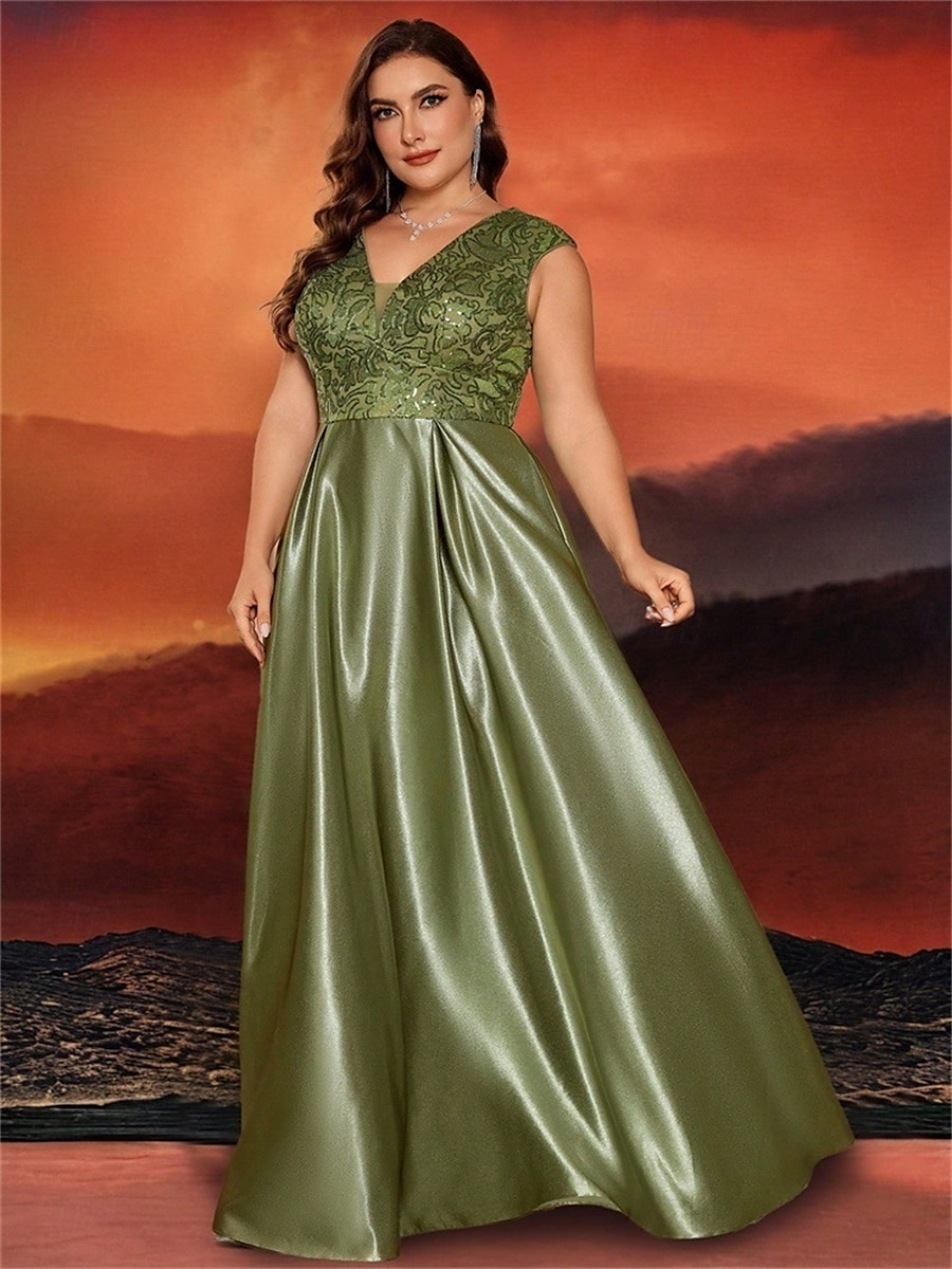 Robe A-Line Grande Taille Élégante Robe Courbe De Mariage Formelle Longue Au Sol Manches Courtes Col en V Satin Dos Nu Avec Plis 2025 de 2025 ? $119.99 –P39