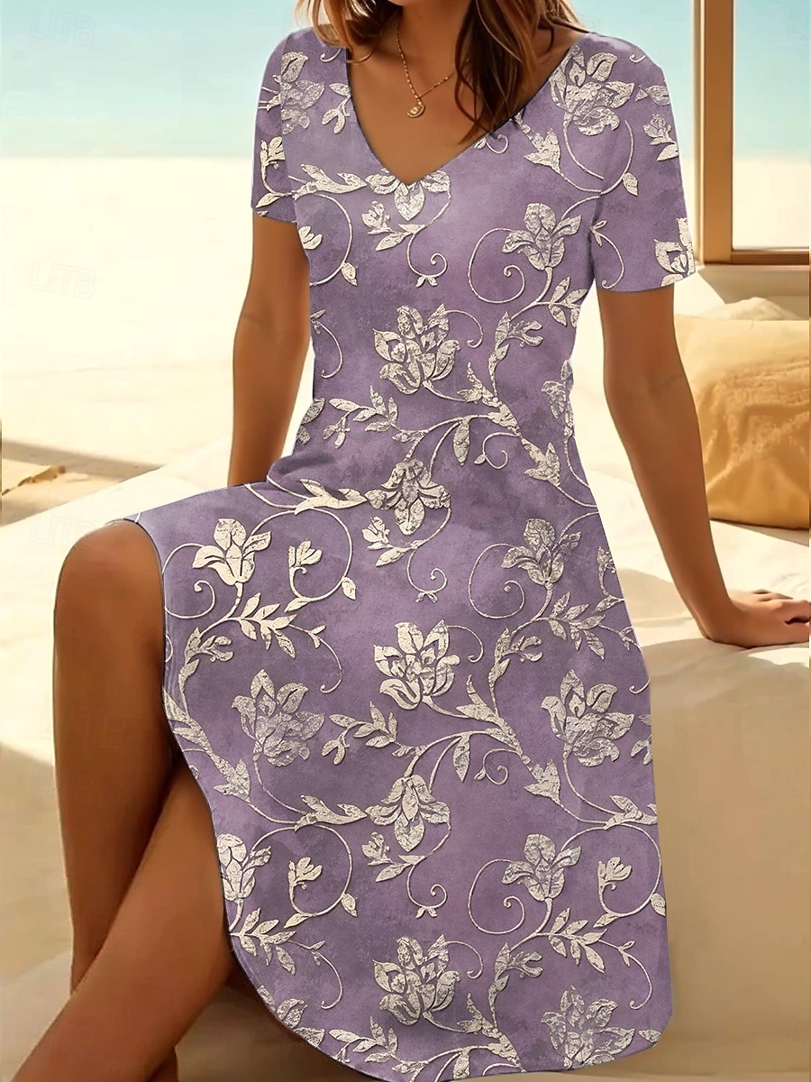 Damen Midikleid T-Shirt-Kleid Sommerkleid A Linie Kleid Urlaub Lässig Strand Ausgehen Strand Normale Passform Blumen Grafik Kurzarm V Ausschnitt Graues Rosa Hellgrün Blau Purpur Sommer Frühling 2025 - $23.99 –P4