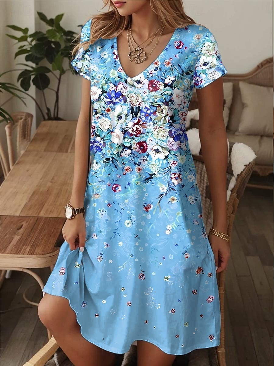 Dam Mini klänning T shirtklänning Solklänning A linjeklänning Semester Ledigt Strandstil Utekväll Strand Normal Blommig Grafisk Kortärmad V-hals Gul Rodnande Rosa Blå Purpur Sommar 2025 - $23.99 –P7