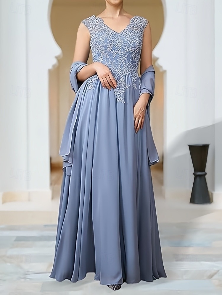 Linea ad A Abiti per invitati a matrimoni Elegante Vestito Ospite di nozze Fidanzamento Lunghezza al pavimento Senza Maniche Scollo a V Chiffon con Applicazioni Scialle 2025 del 2025 a $177.99 –P1