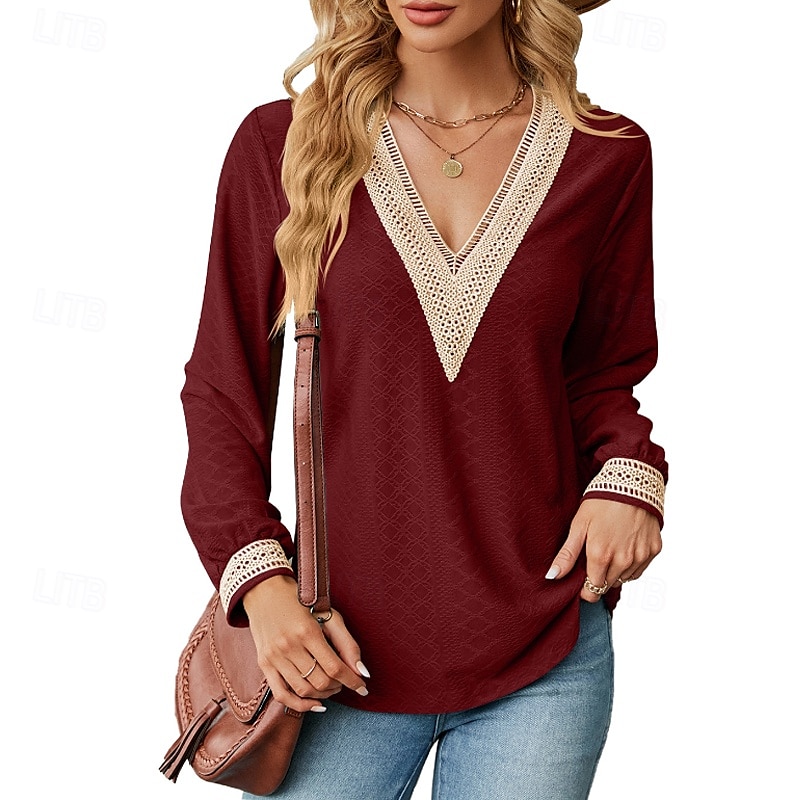 Damen Bluse Farbblock Modern Lässig Langarm V Ausschnitt Normale Oberteile Täglich Ferien Patchwork Gras-Grün Erröten Sie Rosa Schwarz Rosa Wein Sommer 2025 - $21.99 –P19