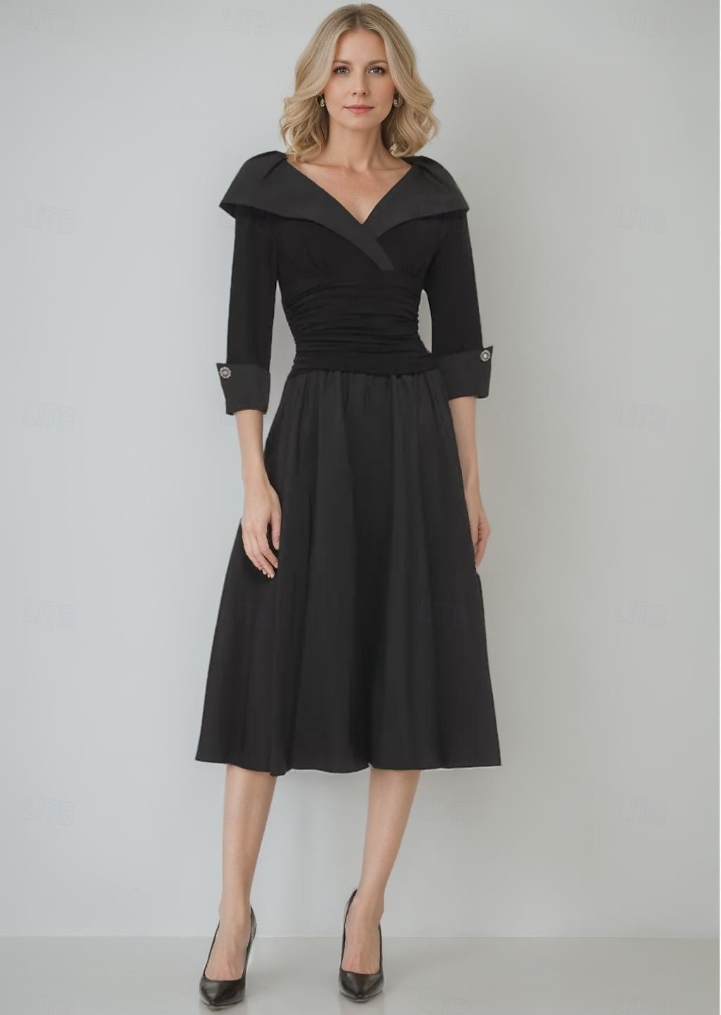 Vestido de mãe da noiva em corte A, elegante, simples e minimalista, decote em V, gola alta, comprimento chá, tafetá, chiffon elástico, manga 3/4, com botões, franzido 2025 de 2025 por $135.99 –P1