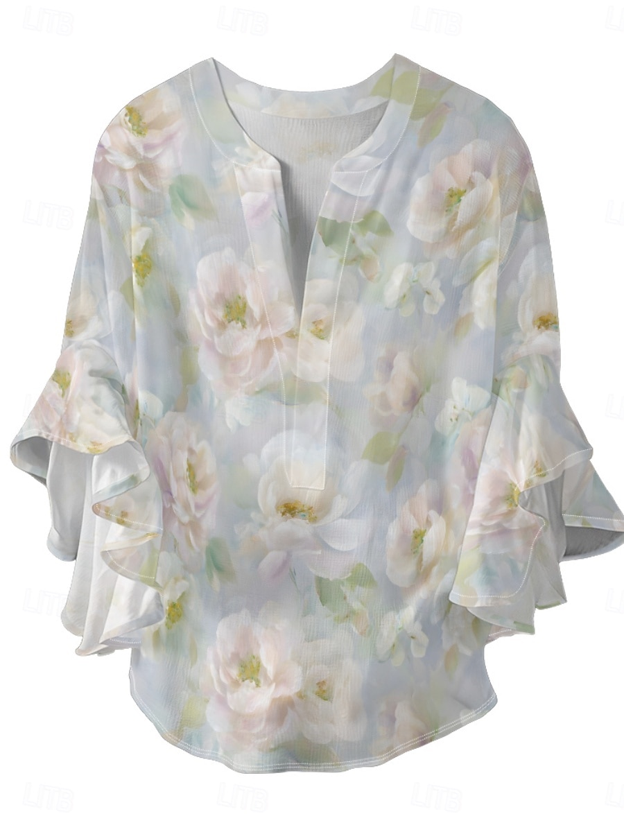 Dame Bluse Blomstret Stilfull Moderne 3/4 ermer V-hals Vanlige topper Daglig Ferie Drapering Trykt mønster Lysegrønn Blå Grønn Grå Lyseblå Sommer 2025 - $22.99 –P7