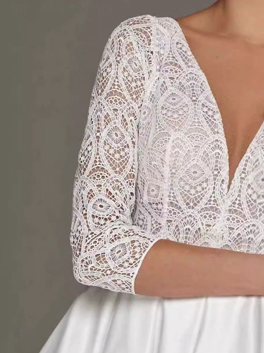 A-Linie Brautmutterkleid Elegant Einfach V Ausschnitt Tee-Länge Polyester Dreiviertelarm mit Einfarbig 2025 2025 - $119.99 –P2