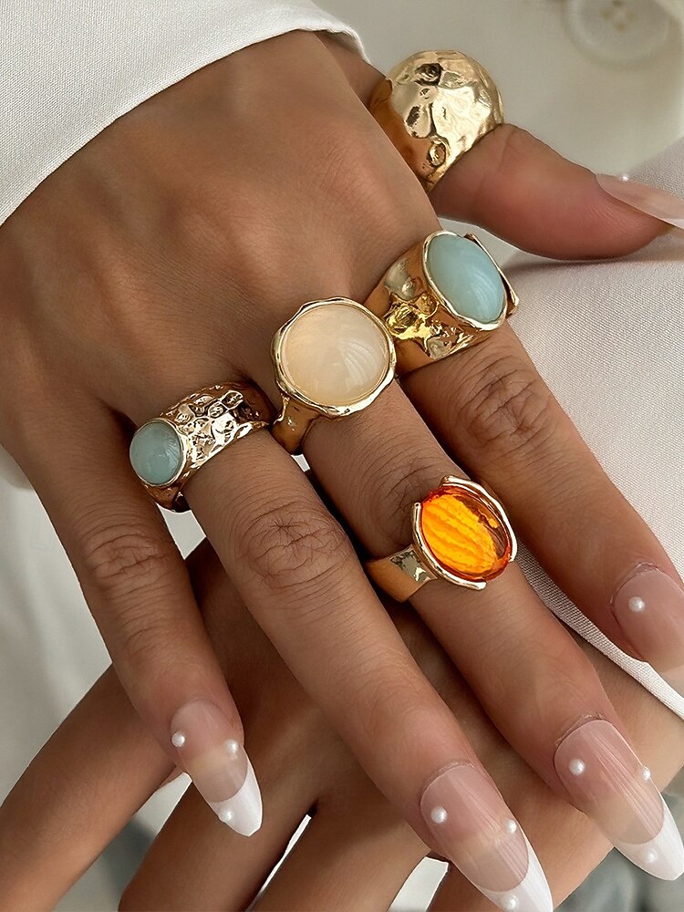 Damesett med vintage edelstener i gull – sett med flere statement-ringer med klumpete tekstur og fargerike harpiks-edelstener, egnet for kontor, vintage-mote, fest og hverdagsstil 2025 - $11.99 –P2