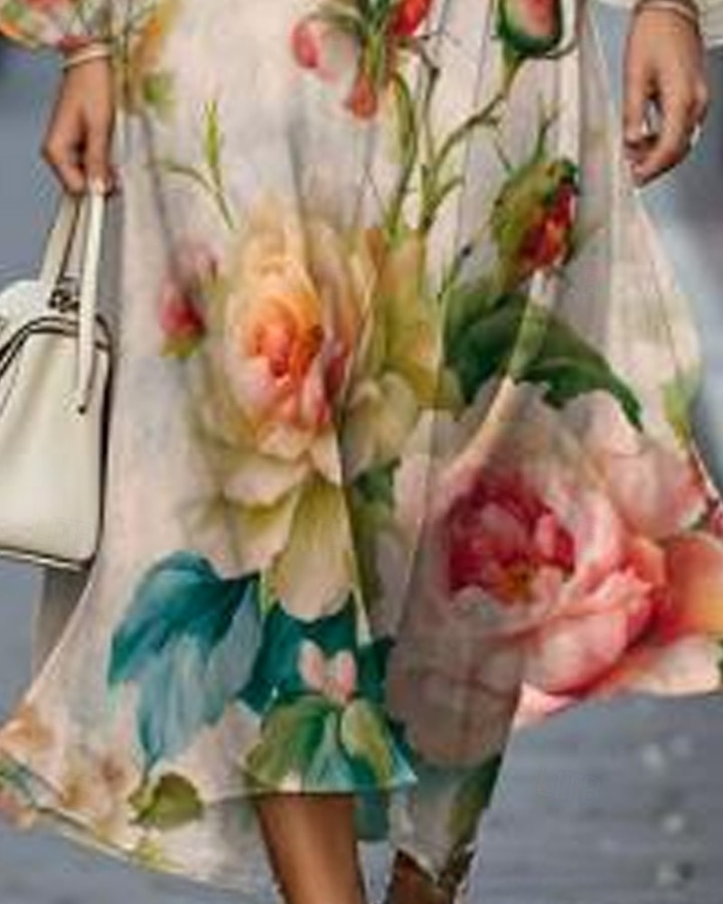 Dam Midiklänning Vardagsklänning Klänning med tryck Elegant Mode Utomhus Fest Helgdag Normal Blomma Långärmad V-hals Grön Sommar Vår 2025 - $27.99 –P3