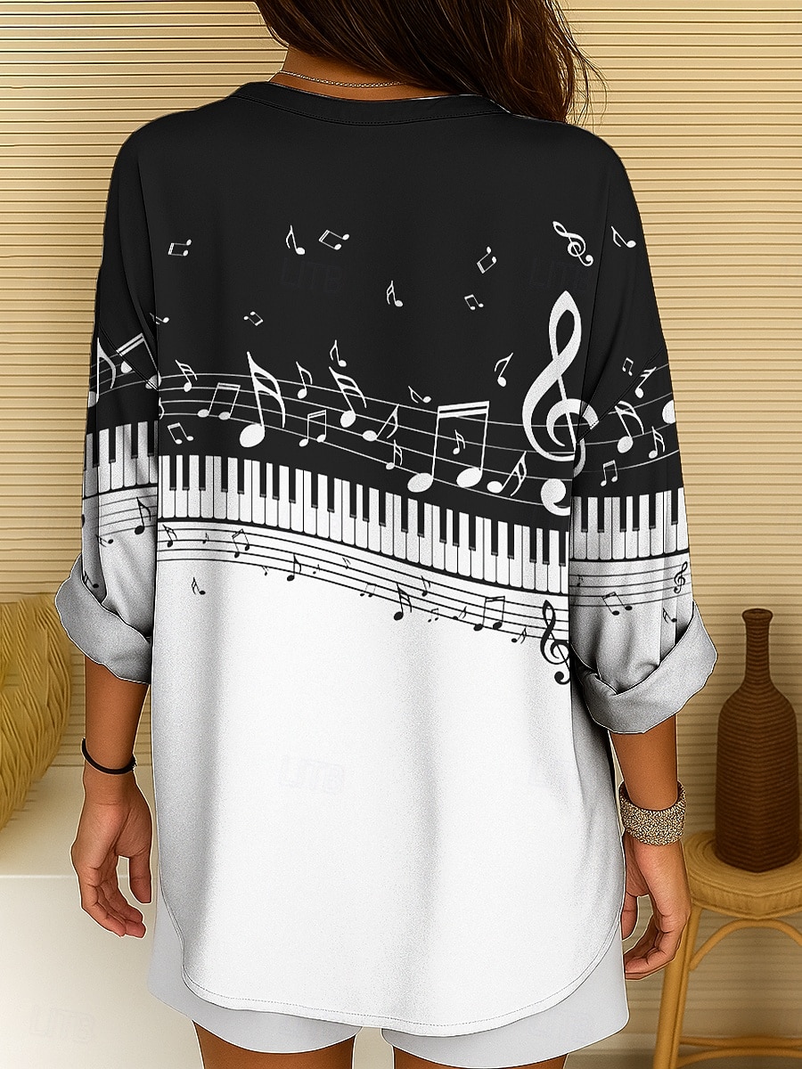 Túnica de Blusa para Mujer Festival de Música Cuello en V Manga Larga Boho Casual Tops Gráfico Geométrico Elegante Vintage Tropical Tops Regulares Impresión Diaria Blanco Y Negro 2025 - $27.99 –P2