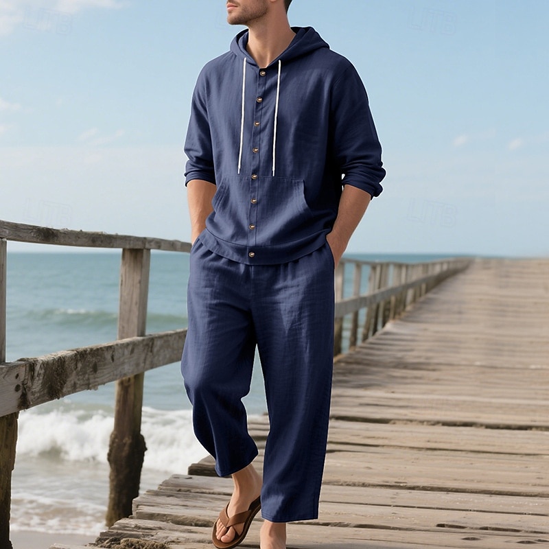 Men's T-shirt Suits Shirt and Pant Sets 2 Pieces Outfits Long Sleeve Hooded Summer Spring Solid Color Fashion Casual Buttons 2 Piece Vacation Daily Wear Going out Black White Yellow Top Tee for Men 2025 - $45.99 –P20