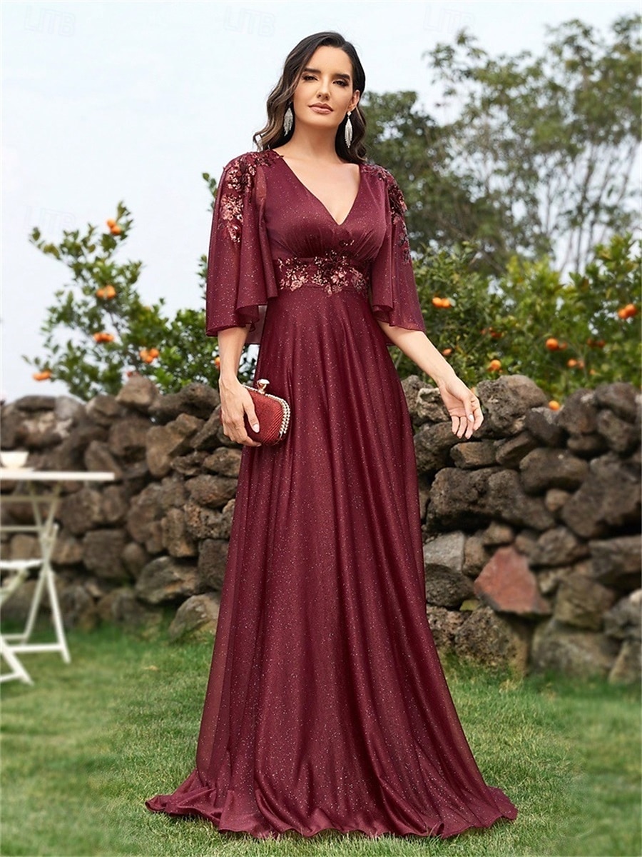 Robes de quinceanera en A élégante robe formelle mariage longueur au sol manches 3/4 en V chiffon dos en V avec plis de 2025 ? $99.99 –P13