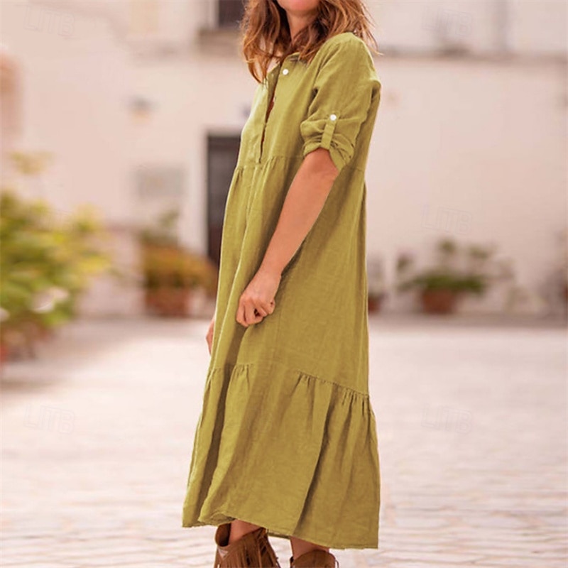Per donna Abito Midi Vestito Casual Abito in cotone e lino Abito Estivo Moda Moderno All'aperto Data Weekend Vestibilità regolare Semplice Senza Maniche Colletto a Camicia Giallo Vino Verde militare del 2025 a $36.99 –P3