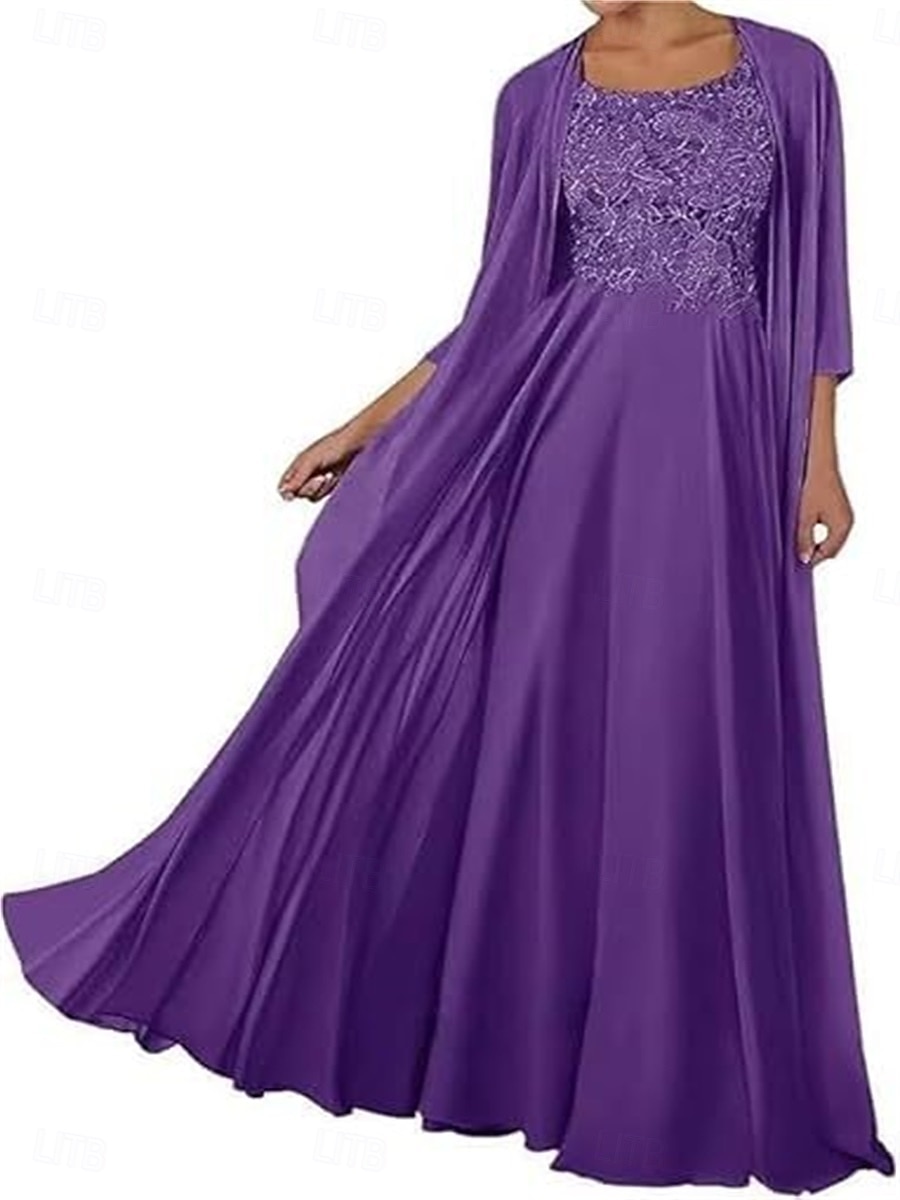 Zweiteilig Kleid-Sets Brautmutterkleid Elegant Einfach Quadrathals Bodenlang Chiffon Ärmellos mit Einfarbig 2025 2025 - $119.99 –P22