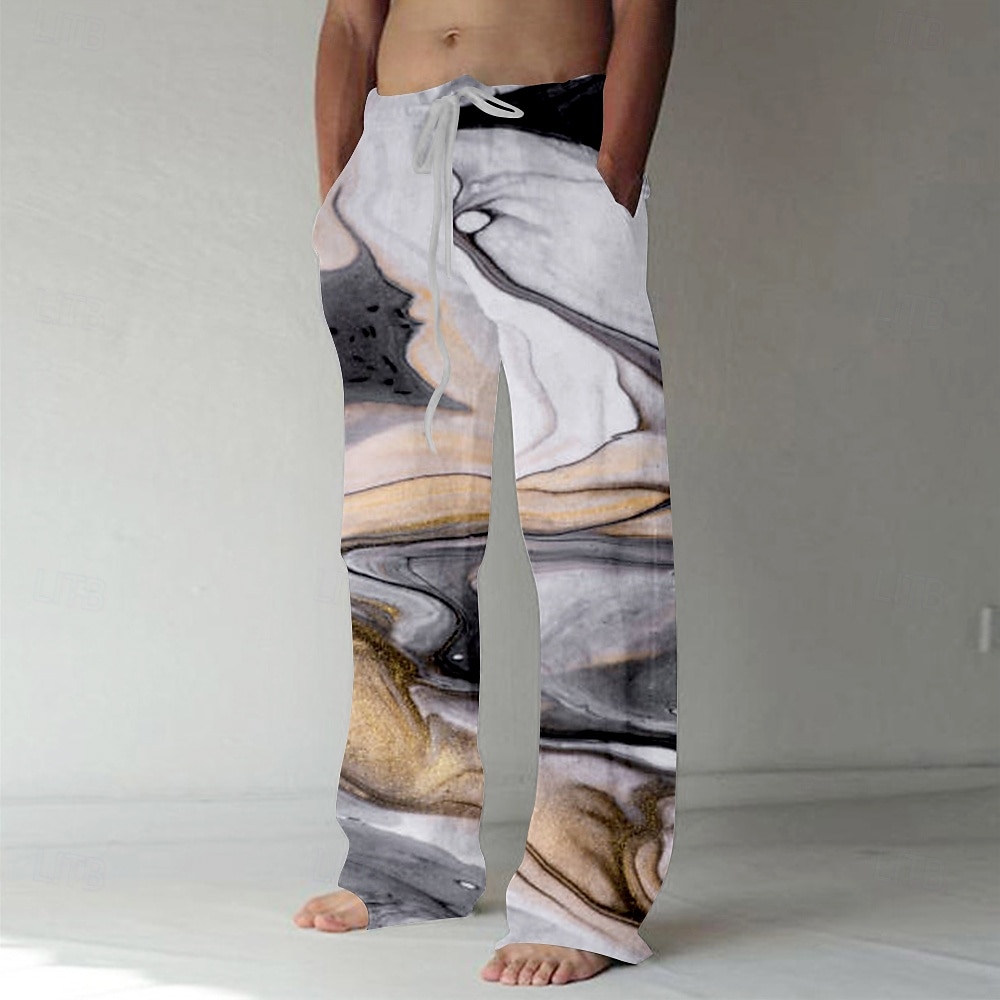 Men's Marble Abstract Liquid Art Trousers Baggy Pants Casual Pants Mid Waist Casual Outdoor Vacation Daily Drawstring Elastic Waist Wide Leg Summer Spring 3D Print Black Yellow Green 2025 - $27.99 –P5