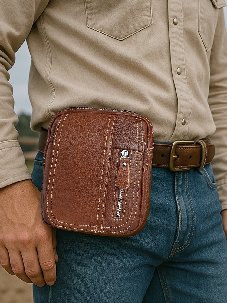 Men's genuine leather messenger bag with zipper pocket, Retro style, Can be inserted into the belt to use as a waist bag, Suitable for outdoor travel, Hiking, Camping or western cowboy wear 2025 - $26.99 –P2