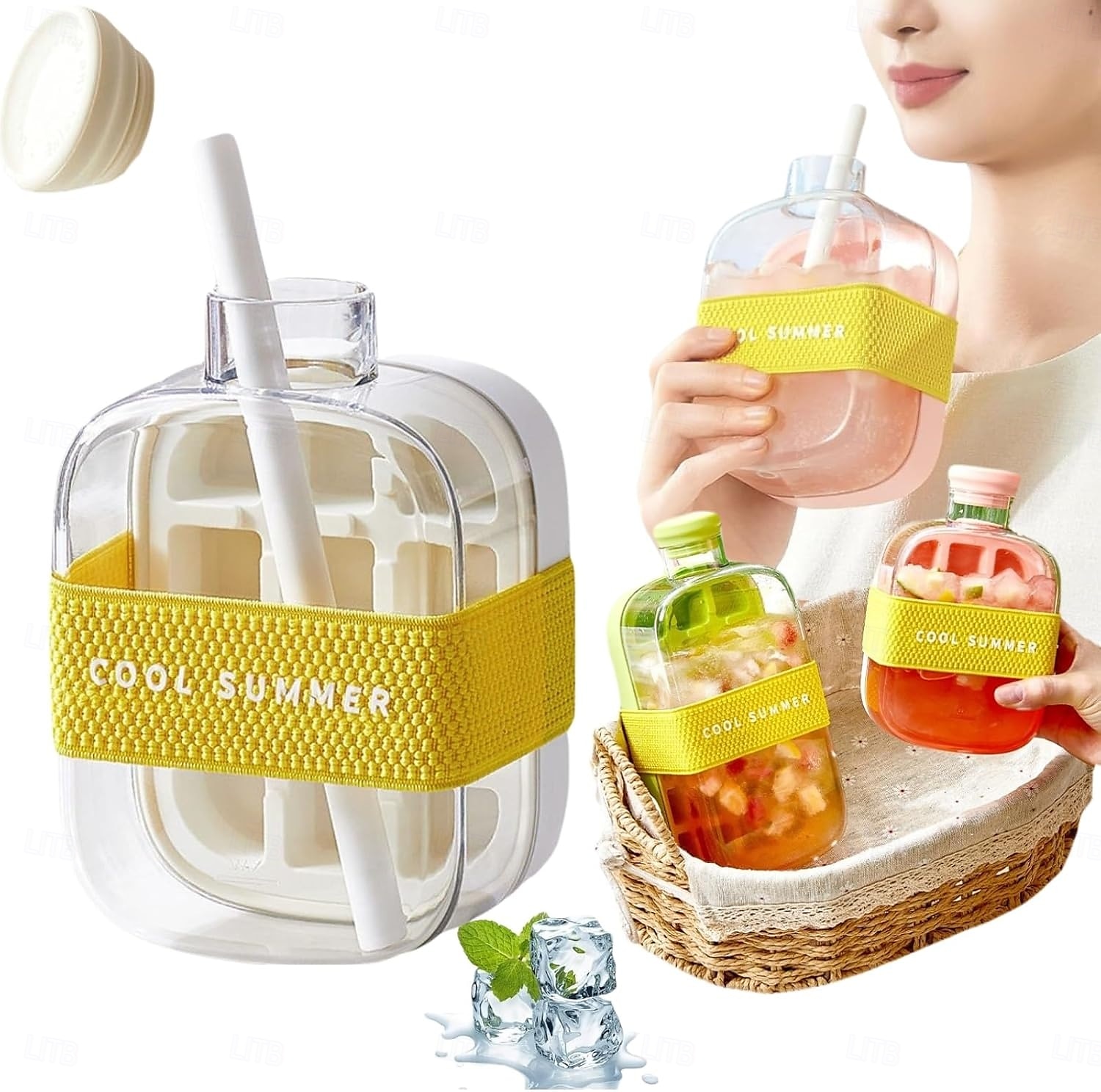 ijsblokjesfles met rietje voor een koele zomer, My Crush Cup ijsblokjesvormpjes voor waterflessen, 2-in-1 draagbare aanraakvrije ijsblokjesmachine met deksel en bak voor het snel maken van ijs 2025 - $13.99 –P9