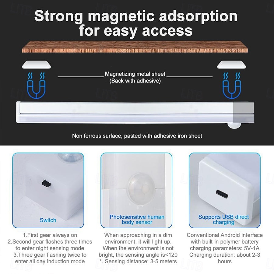 1 шт. USB-зарядка, длинная полоса, интеллектуальное сенсорное освещение для шкафа, подходит для спальни, стола, коридора, лестничных клеток, входа, обувницы, гардероба, ванной комнаты, ночное 2025 - $8.49 –P2