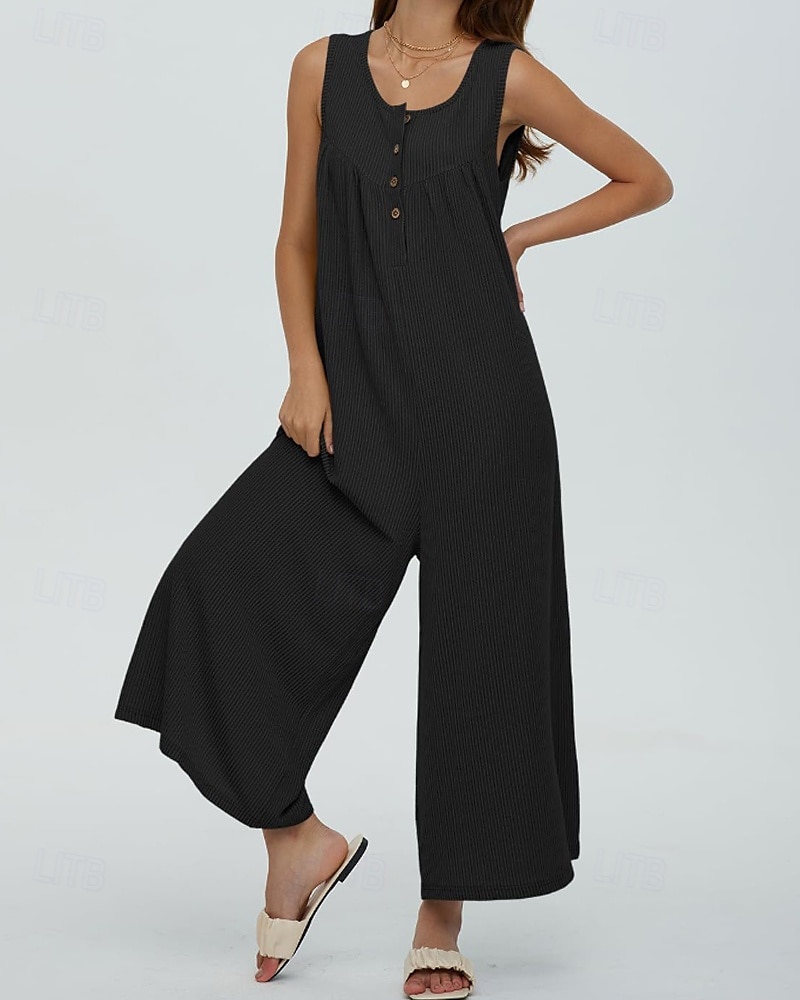 Női Szabályos Jumpsuitek Utcai sikk Tömör szín Ujjatlan U-alakú Gombok Zseb Utca Napi Normál Fekete Sötétkék Medence Nyár 2025 - zł111.96 –P14