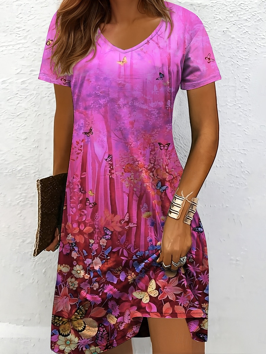 Women's Mini Dress T Shirt Dress Tee Dress Sundress A Line Dress Vacation Casual Beach Beach Regular Fit Ombre Floral Graphic Short Sleeve V Neck Yellow Red Blue Purple Summer 2025 - $23.99 –P7